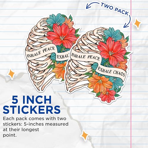 (2 Pack) Inhale Peace Exhale Chaos Stickers - Motivational Floral Stickers - Positive Quote Sticker - 5" On Longest Side - Sticks to Any Smooth Flat Surface - Made in USA - BMCS3004