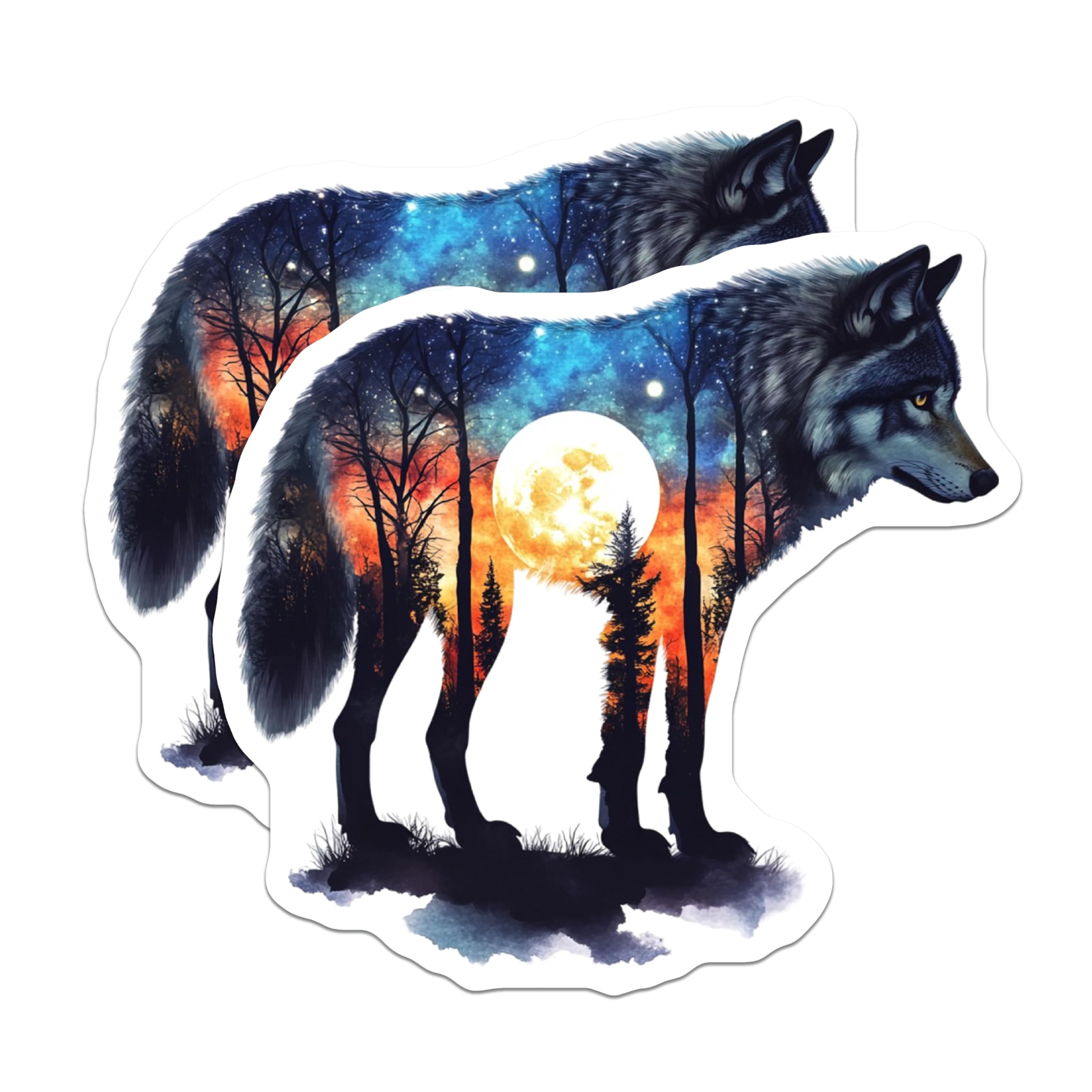 (2 Pack) Wolf Magnets - Double Exposure Moonscape - Animal Lovers Decor - 5" On Longest Side - Premium Magnet - for Cars, Refrigerators, Toolboxes, Lockers - Made in USA - MAG16229
