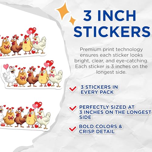 (3 Pack) Chicken Love Decals - Cute Valentines Chickens - Heart Balloons Decals - 3 Inches On Longest Side - Easy Peel & Apply - Made in USA - 3MCS2250