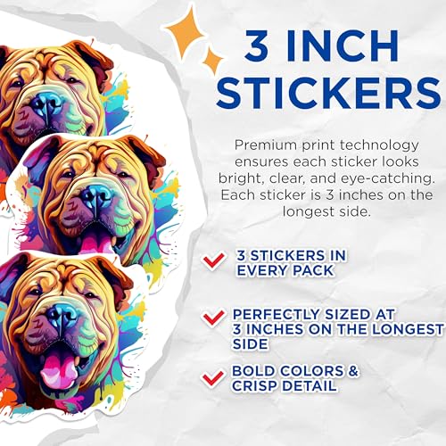 (3 Pack) Shar Pei Dog Decals - Colorful Dog Portrait - Laptop Decal - 3 Inches On Longest Side - Easy Peel & Apply - Made in USA - 3MCS0701
