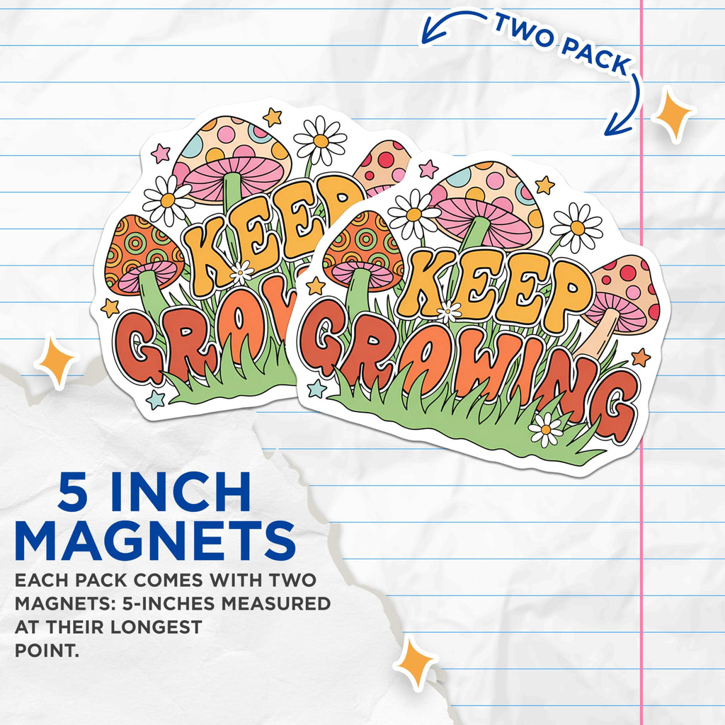 (2 Pack) Keep Growing Magnets - Retro Groovy Mushrooms - Inspirational Daisy Stars Fridge Decor - 5 Inches On Longest Side - Thick Durable Magnet - Made in USA - MAG22082