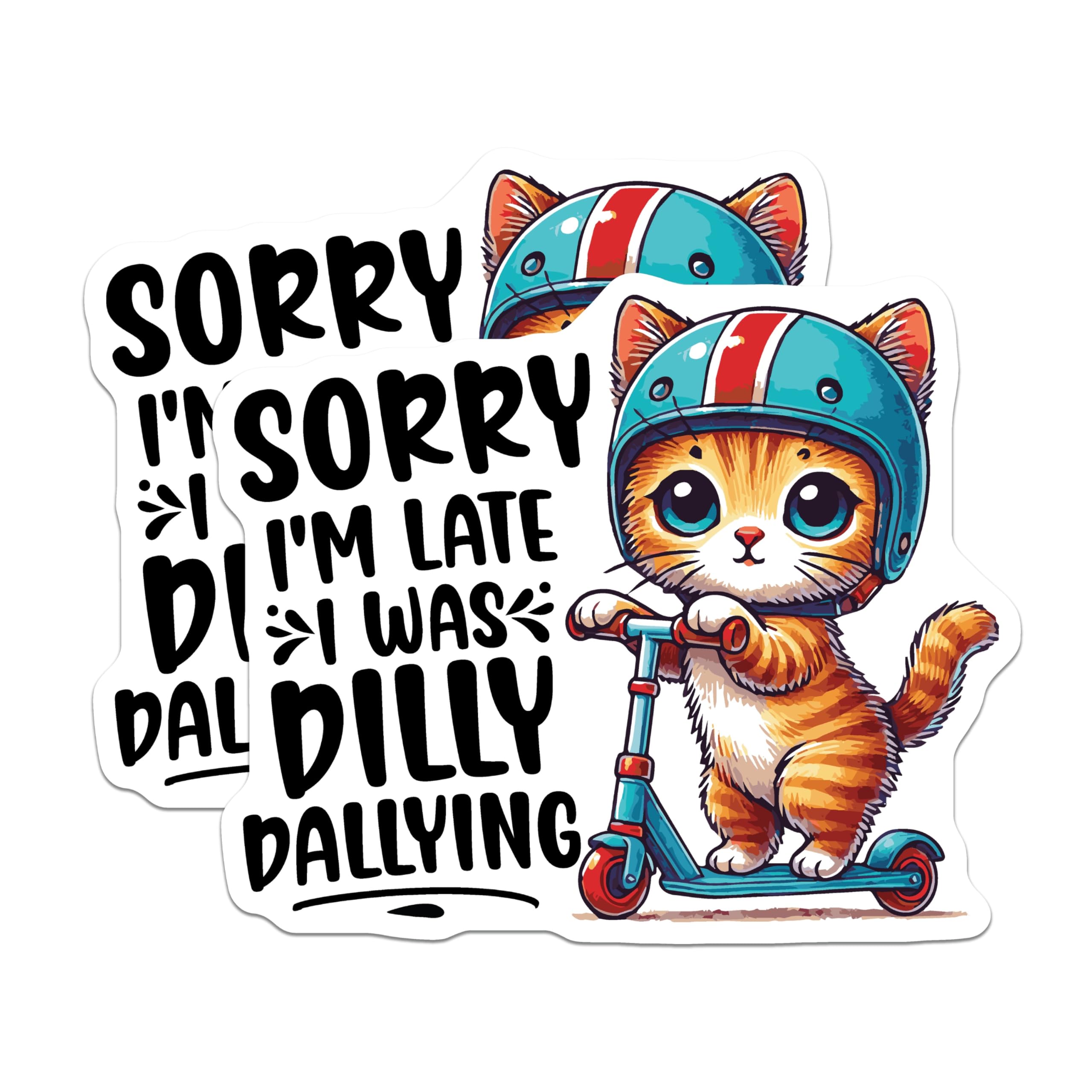 (2 Pack) Dilly Dally Cat Magnets - Scooter Riding Kitten - Funny Kitty Excuse Fridge Decor - 5" On Longest Side - Premium Magnet - for Cars, Refrigerators, Toolboxes, Lockers - Made in USA - MAG15525