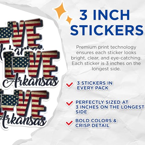 (3 Pack) Arkansas Decals - State Pride - Patriotic Vinyl Decals - 3 Inches On Longest Side - Easy Peel & Apply - Made in USA - 3MCS0295