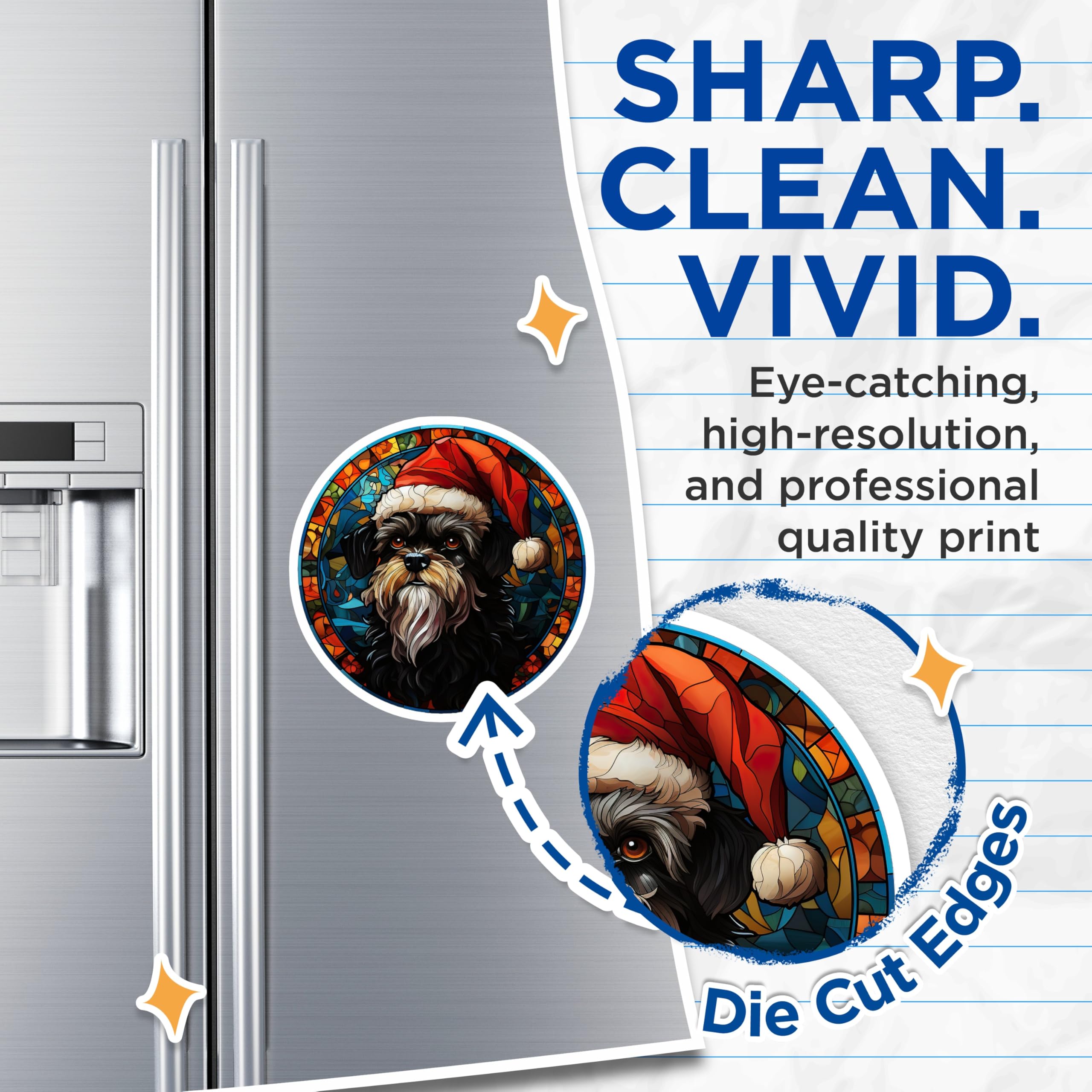 (2 Pack) Schnauzer Christmas Dog Magnets - Stained Glass Pet Art - Holiday Fridge Decor - 5 Inches On Longest Side - Thick Durable Magnet - Made in USA - MAG30199