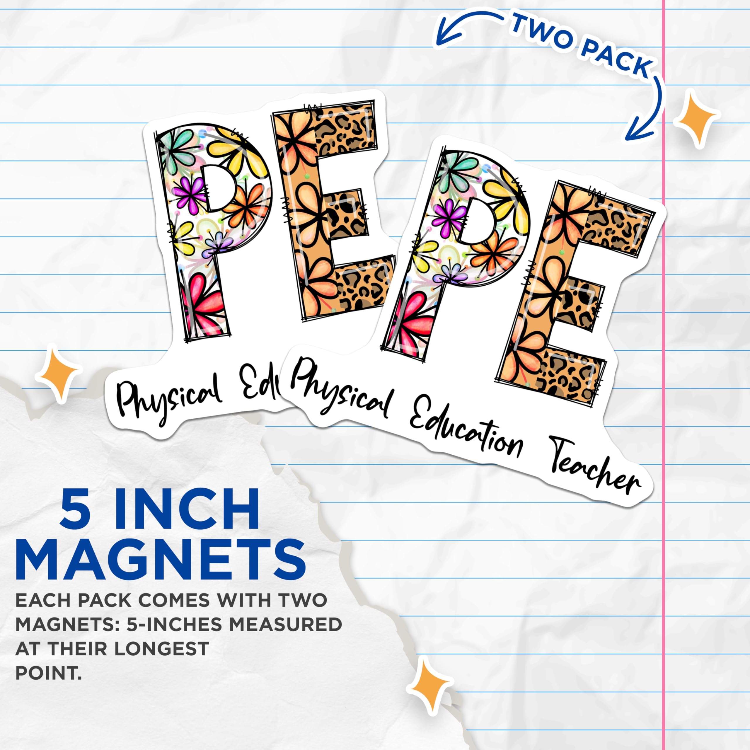 (2 Pack) PE Teacher Magnets - Physical Education - Floral Leopard Print - 5" On Longest Side - Premium Magnet - for Cars, Refrigerators, Toolboxes, Lockers - Made in USA - MAG14570