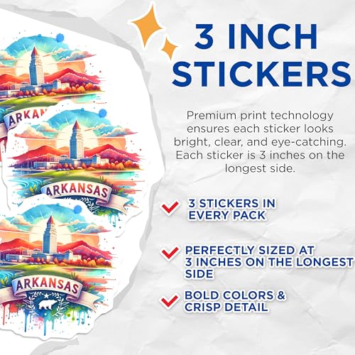 (3 Pack) Arkansas Decals - Watercolor Arkansas - Laptop Decal - State Pride- 3 Inches On Longest Side - Easy Peel & Apply - Made in USA - 3MCS5693