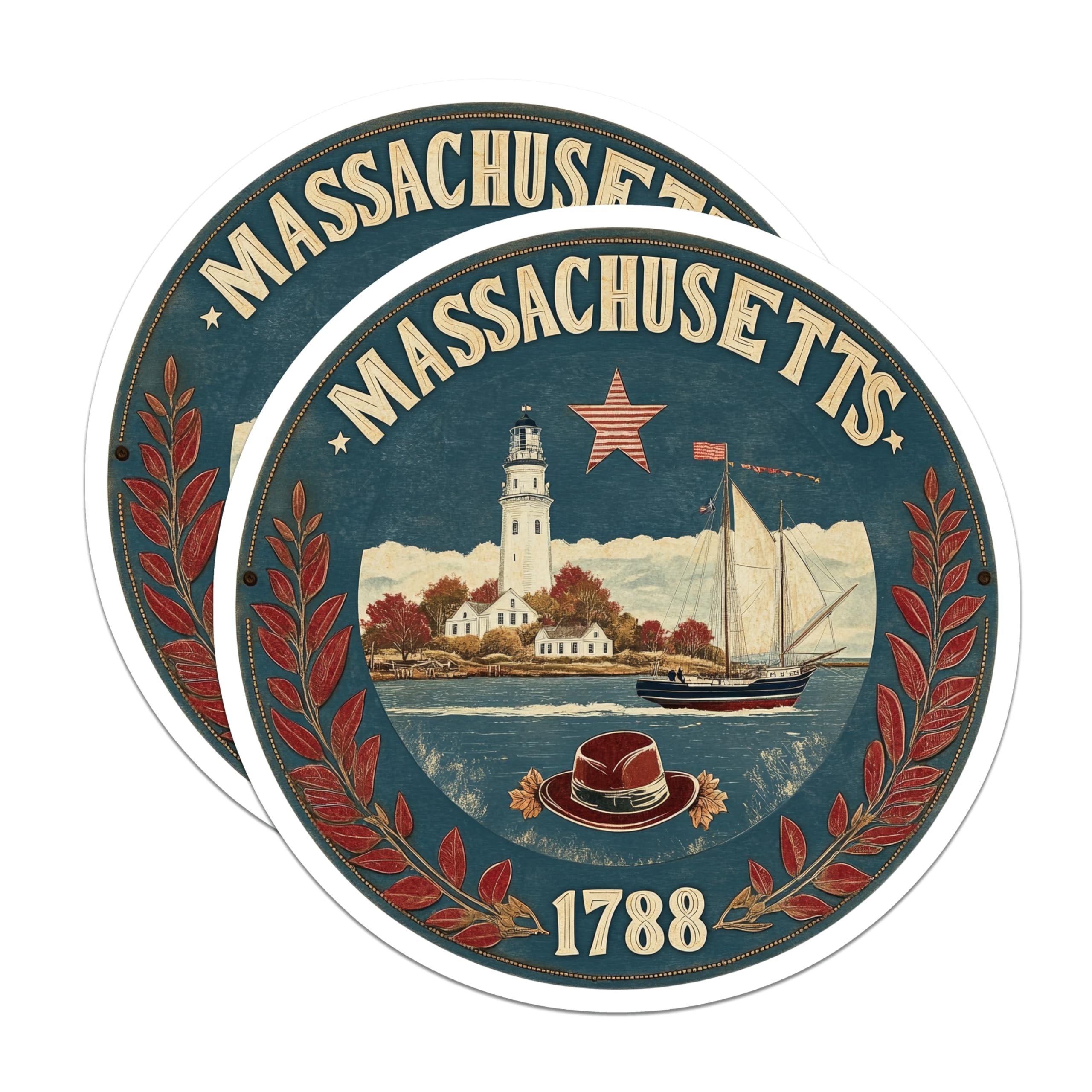 (2 Pack) Massachusetts State Seal Magnets - Lighthouse Sailboat - Bay State Decorative Art - 5" On Longest Side - Premium Magnet - for Cars, Refrigerators, Toolboxes, Lockers - Made in USA - MAG15261