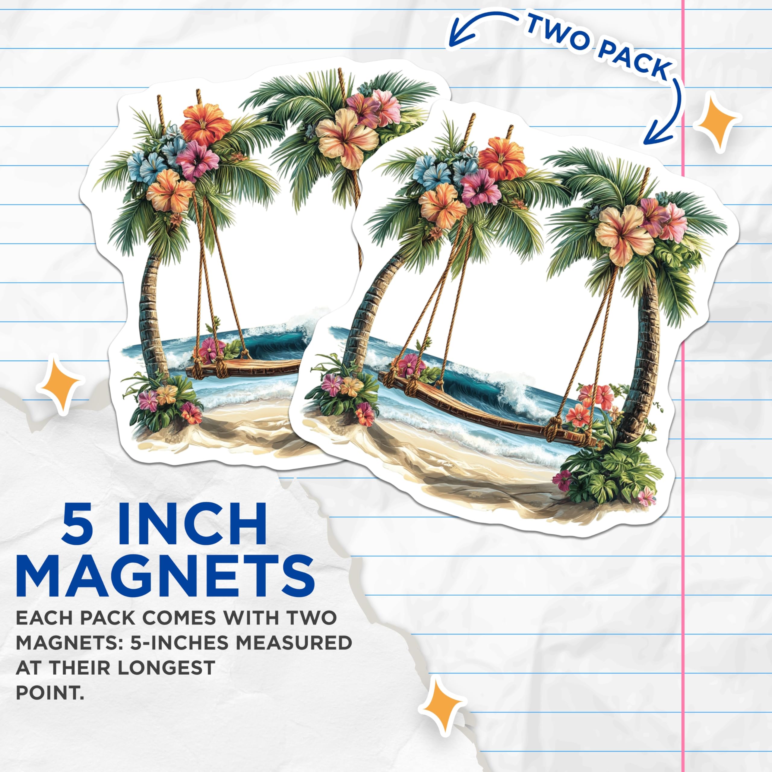 (2 Pack) Tropical Beach Magnets - Palm Tree Swing Art - Ocean Waves Decor - 5 Inches On Longest Side - Thick Durable Magnet - Made in USA - MAG19653