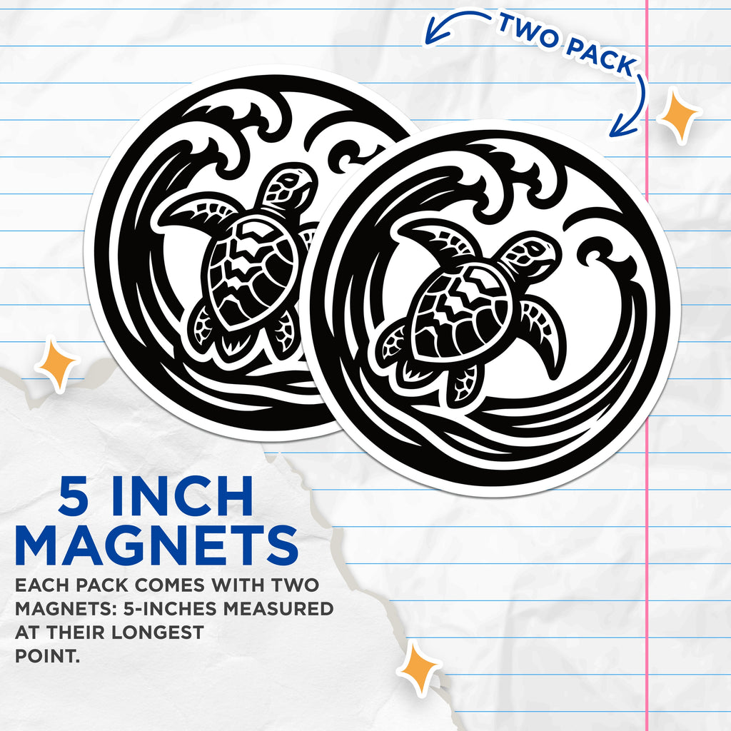 (2 Pack) Sea Turtle Ocean Waves Magnets - Tribal Polynesian Art - Marine Life Coastal Decor - 5 Inches On Longest Side - Thick Durable Magnet - Made in USA - MAG38488