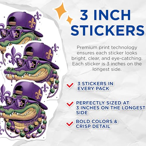 (3 Pack) Mardi Gras Alligator Decals - Cool Gator with Beads - Laptop Decals - 3 Inches On Longest Side - Easy Peel & Apply - Made in USA - 3MCS2908