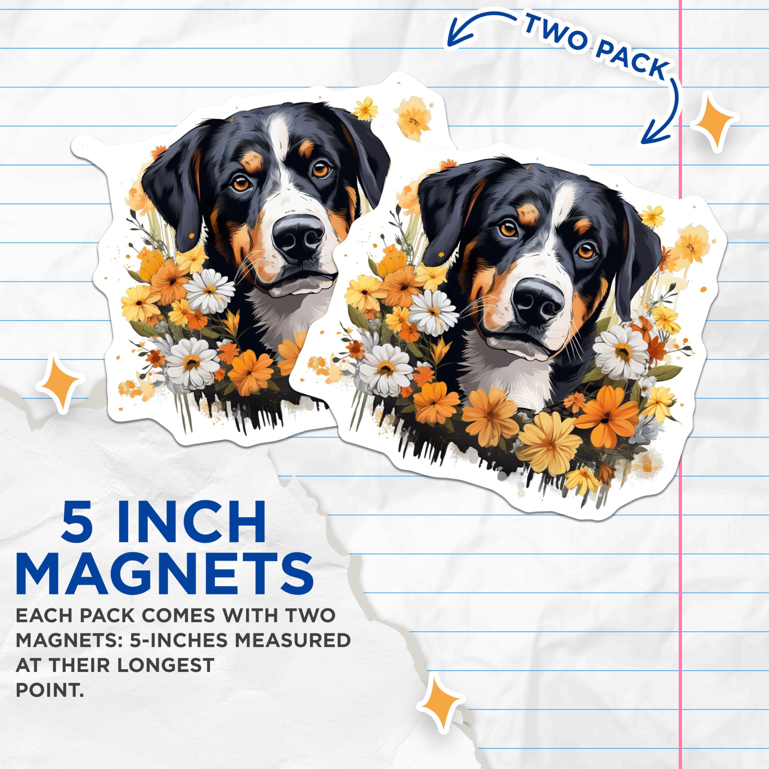 (2 Pack) Bernese Mountain Dog Magnets - Artistic Floral Pet Art - Dog Breed Enthusiast Kitchen Decor - 5 Inches On Longest Side - Thick Durable Magnet - Made in USA - MAG24498