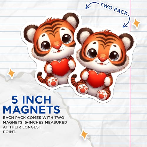 (2 Pack) Tiger Love Magnets - Cute Animal Magnets - Heart Holding Tiger Magnets - Adorable Tiger Kitchen - 5" On Longest Side - for Cars, Fridges, Toolboxes - Made in USA - MAG3698