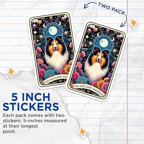 (2 Pack) Shetland Sheepdog Stickers - Cute Dog Stickers - Floral Dog Art Stickers - 5" On Longest Side - Sticks to Smooth Flat Surfaces - Made in USA - BMCS5305