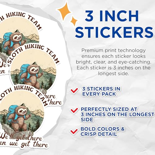 (3 Pack) Sloth Hiking Team Decals - Funny Hiking Sloth - Laptop Decal - 3 Inches On Longest Side - Easy Peel & Apply - Made in USA - 3MCS1391