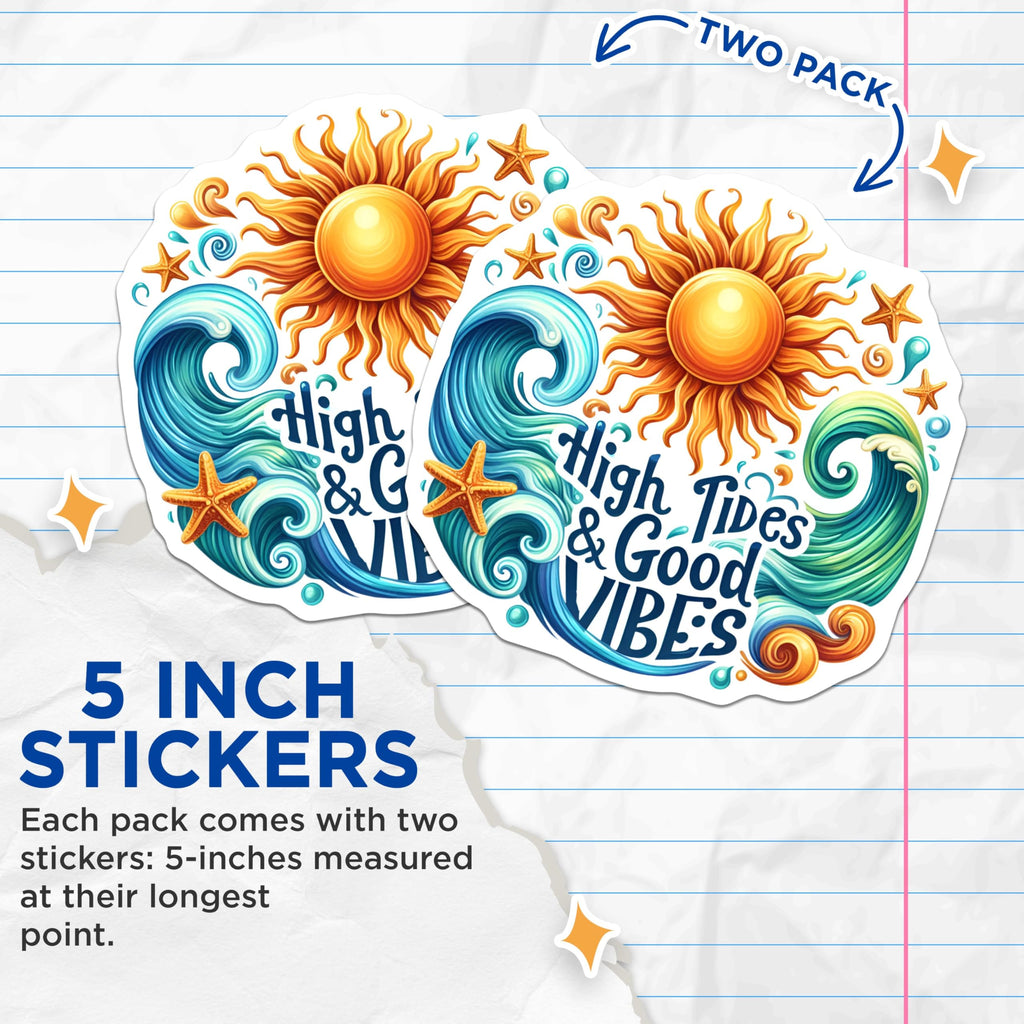 (2 Pack) High Tides and Good Vibes Stickers - Sun and Waves - Beach Theme - 5" On Longest Side - Sticks to Smooth Flat Surfaces - Made in USA - BMCS6250