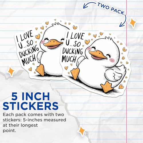 (2 Pack) I Love You Stickers - Cute Duck Stickers - Adorable Animal Stickers - 5" On Longest Side - Sticks to Smooth Flat Surfaces - Made in USA - BMCS9526