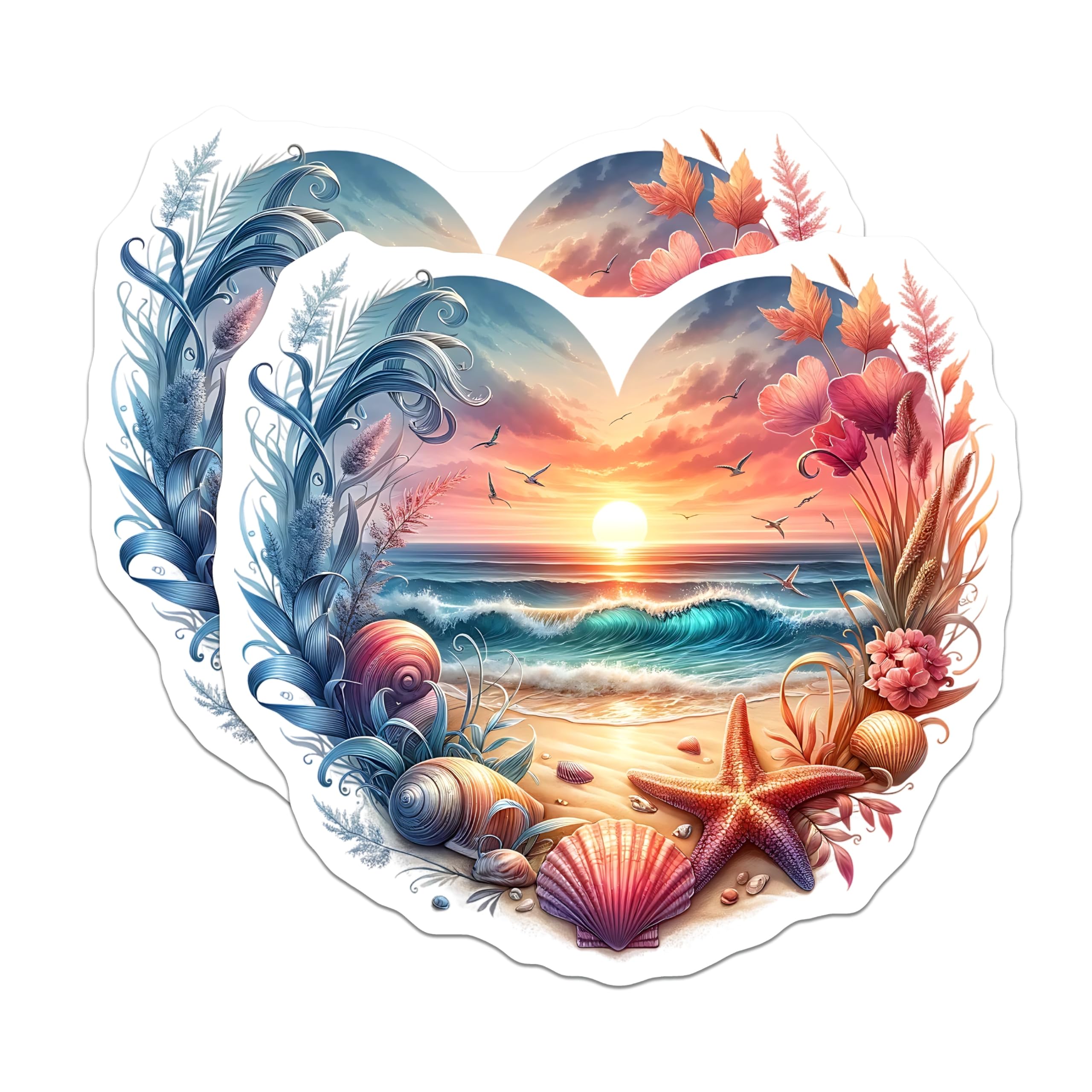 (2 Pack) Beach Sunset Magnets - Coastal Decor - Ocean Heart Fridge Magnets - 5" On Longest Side - Premium Magnet - for Cars, Refrigerators, Toolboxes, Lockers - Made in USA - MAG15028