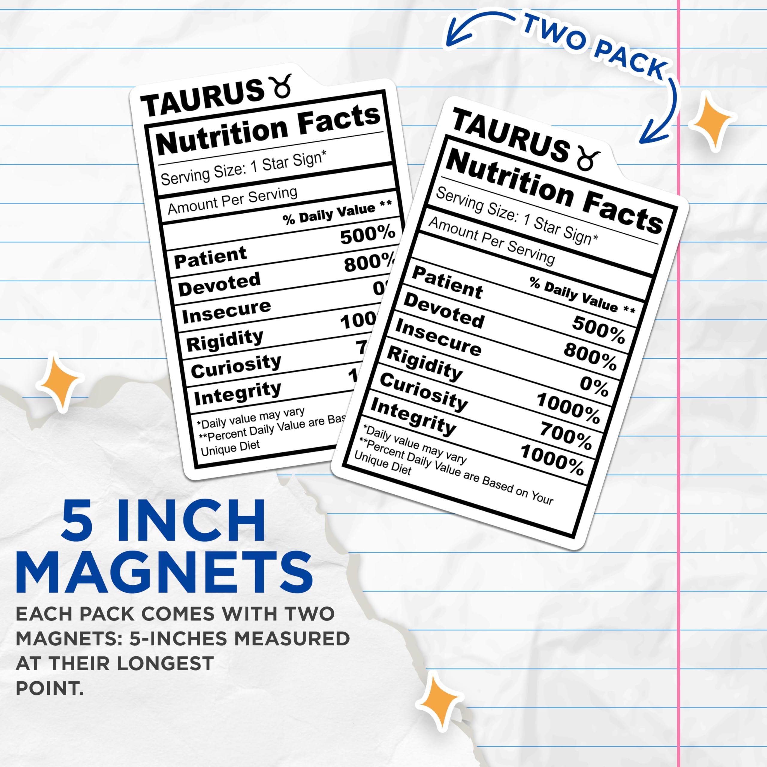 (2 Pack) Taurus Nutrition Facts Magnets - Zodiac Star Sign Decor - Horoscope Funny Magnets - 5" On Longest Side - Premium Magnet - for Cars, Refrigerators, Toolboxes, Lockers - Made in USA - MAG14527