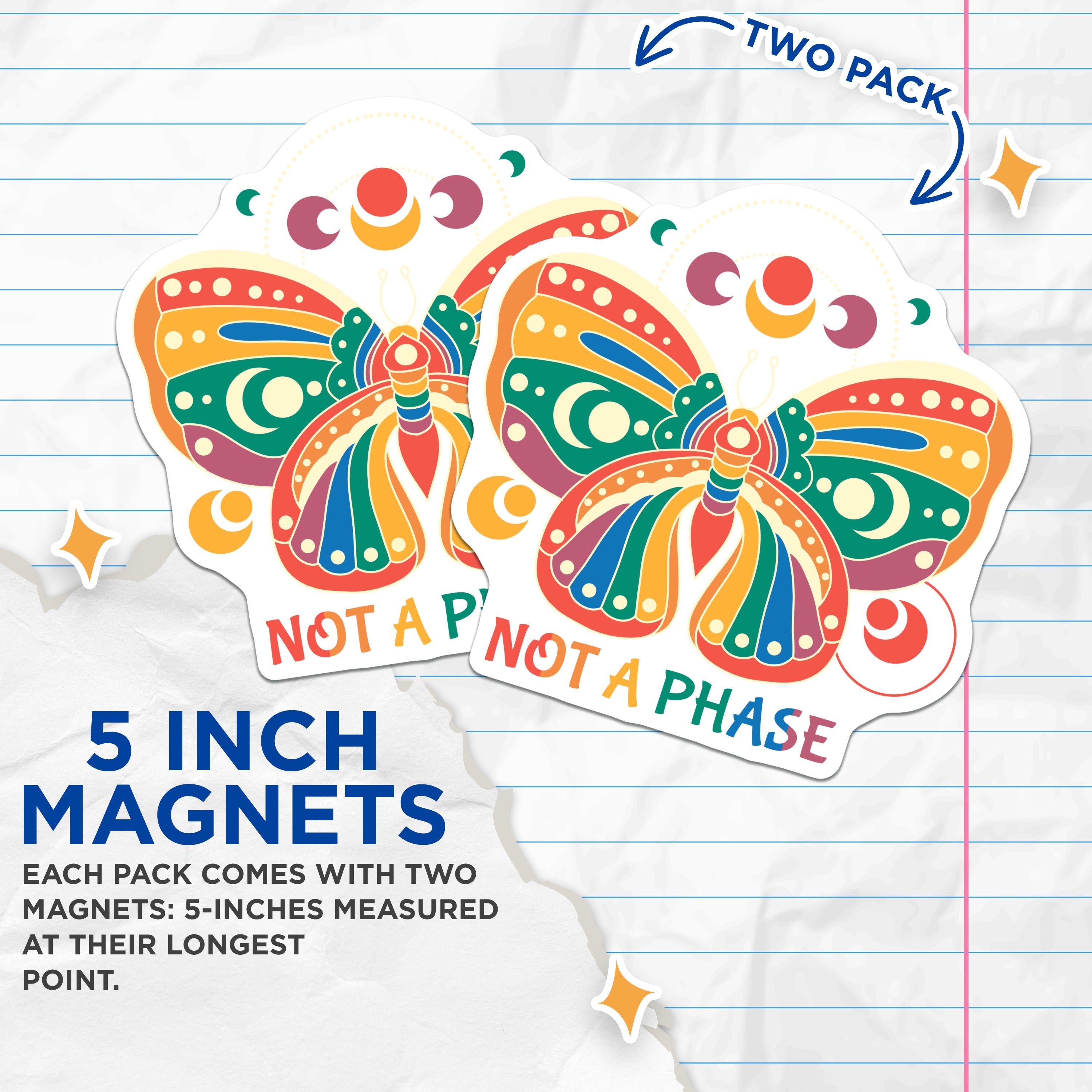 (2 Pack) Not A Phase Magnets - Rainbow Butterfly - Celestial Boho Decor - 5 Inches On Longest Side - Thick Durable Magnet - Made in USA - MAG38431