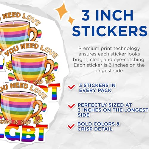 (3 Pack) LGBT Decals - Love and Coffee - Pride Rainbow Cup Decals - 3 Inches On Longest Side - Easy Peel & Apply - Made in USA - 3MCS7960