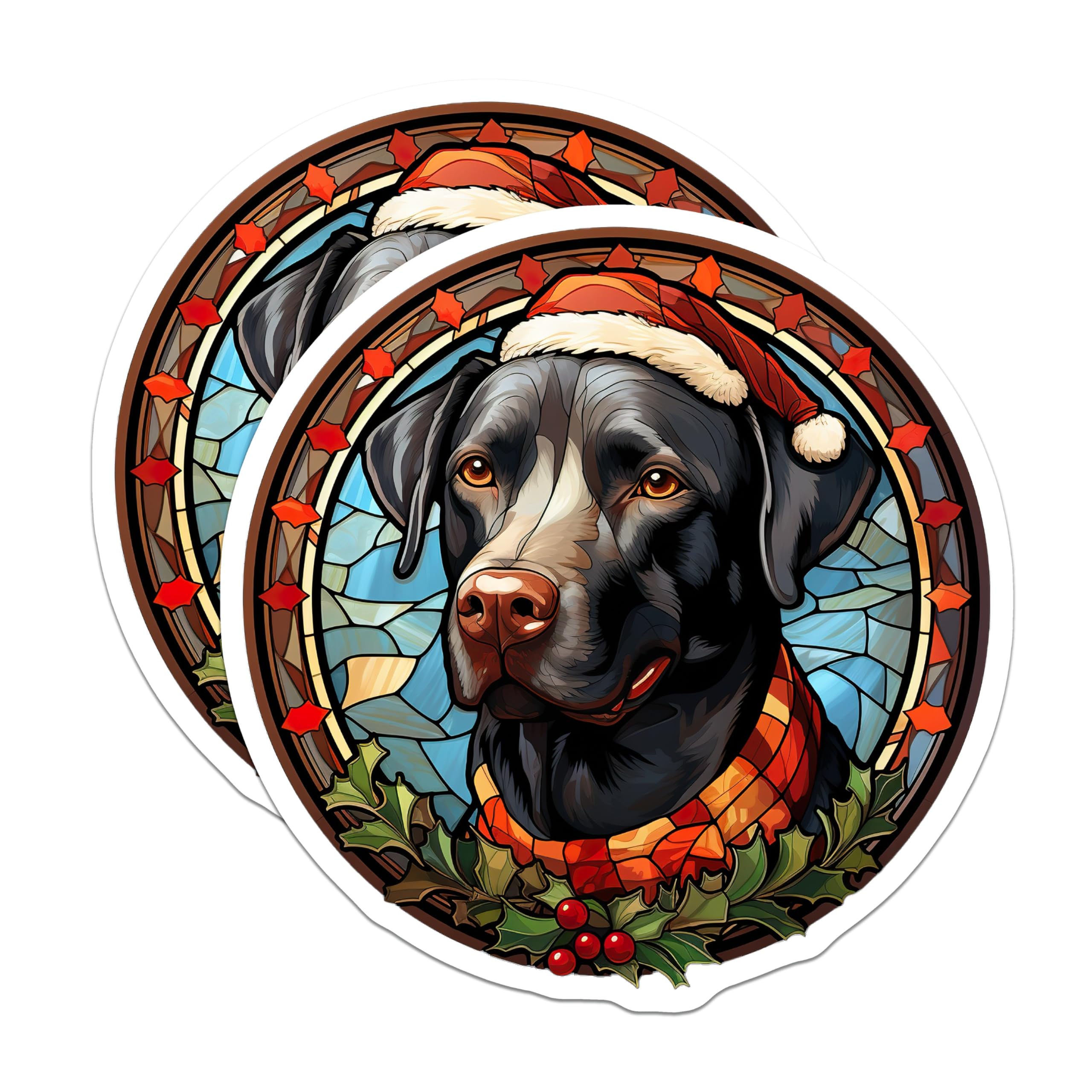 (2 Pack) Black Lab Christmas Magnets - Dog Lover Refrigerator Decor - Stained Glass Holiday Art - 5 Inches On Longest Side - Thick Durable Magnet - Made in USA - MAG29284