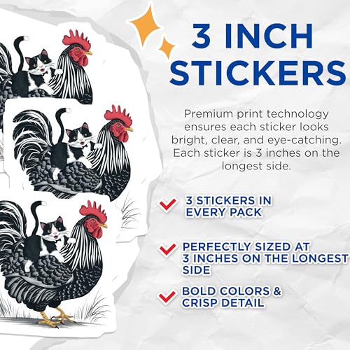 (3 Pack) Cat Riding Chicken Decals - Tuxedo Cat - Funny Animals - 3 Inches On Longest Side - Easy Peel & Apply - Made in USA - 3MCS4595