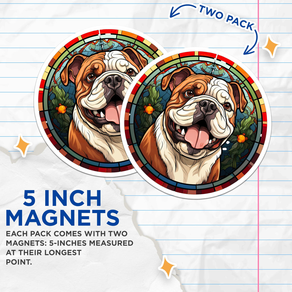 (2 Pack) Bulldog Stained Glass Magnets - Dog Lover Decor - Pet Portrait Art - Cute Puppy Fridge Accessory - 5 Inches On Longest Side - Thick Durable Magnet - Made in USA - MAG25035