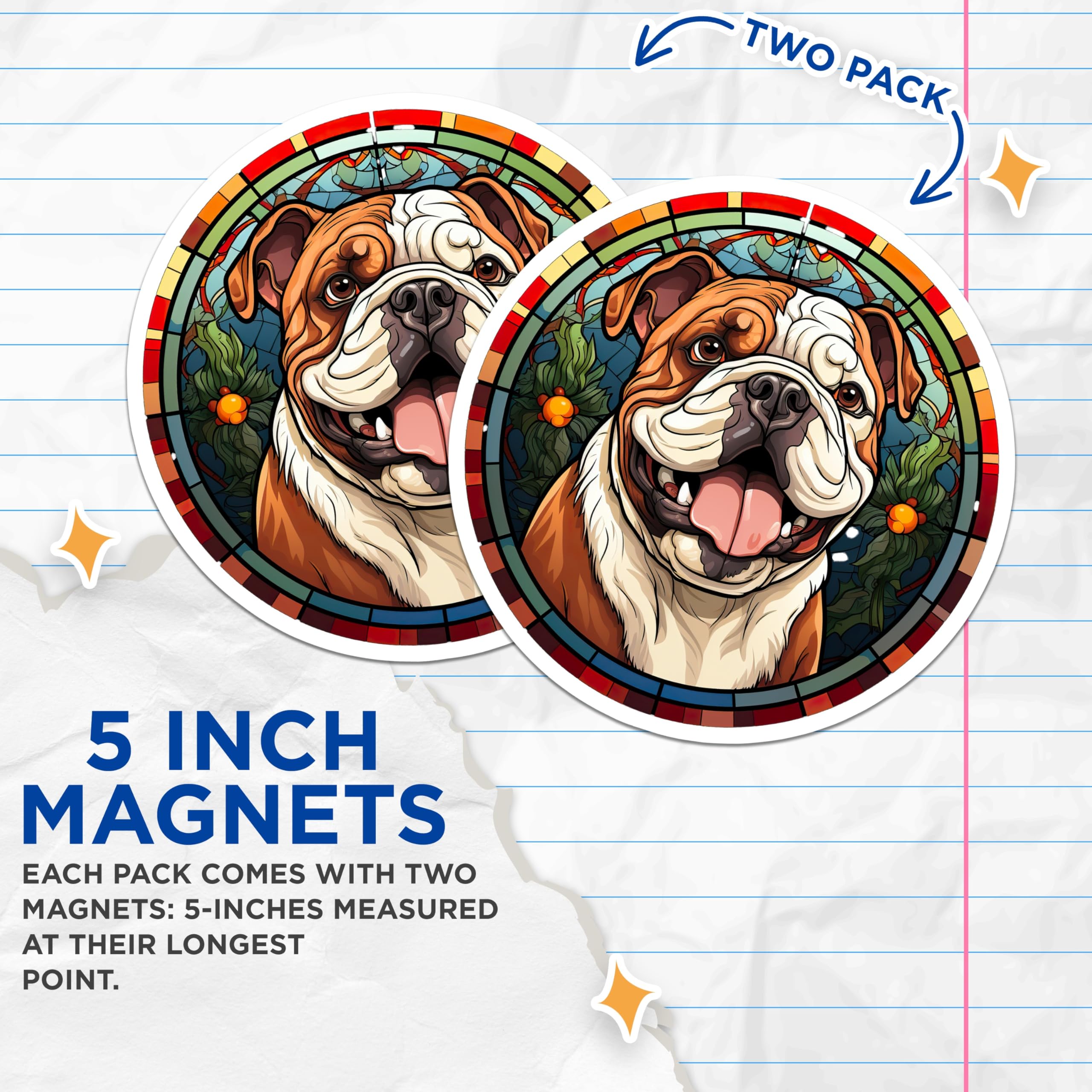 (2 Pack) Bulldog Stained Glass Magnets - Dog Lover Decor - Pet Portrait Art - Cute Puppy Fridge Accessory - 5 Inches On Longest Side - Thick Durable Magnet - Made in USA - MAG25035