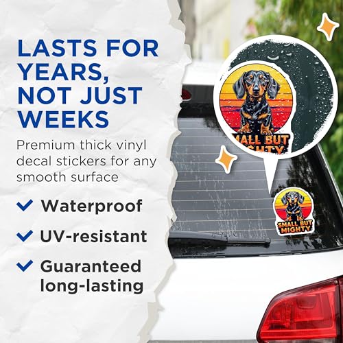(2 Pack) Small But Mighty Stickers - Cute Dachshund Decals - Dog Lover Vinyl Sticker - 5" On Longest Side - Sticks to Smooth Flat Surfaces - Made in USA - BMCS4638