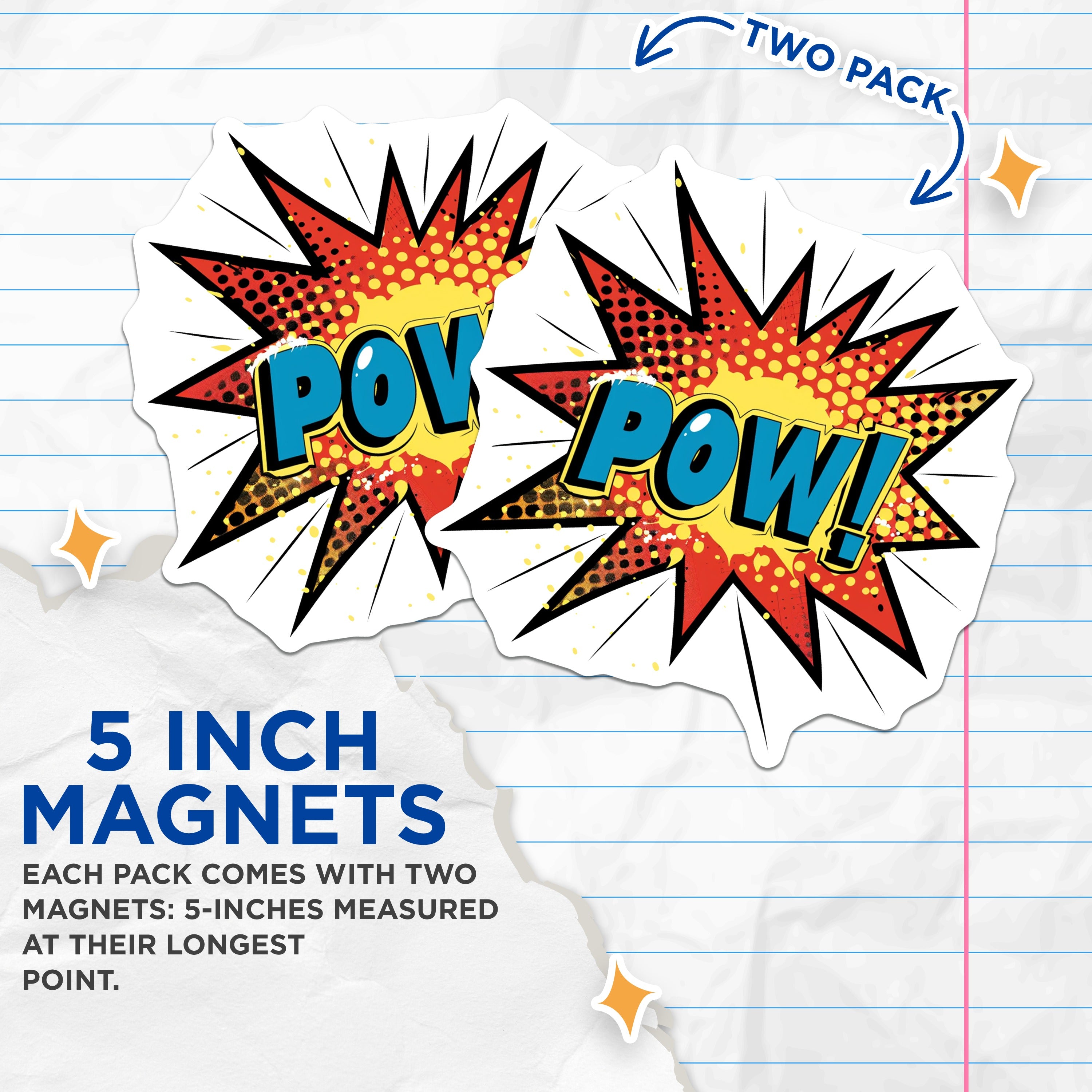 (2 Pack) POW Comic Book Magnets - Pop Art Style - Retro Cartoon Action Decor - 5 Inches On Longest Side - Thick Durable Magnet - Made in USA - MAG38862