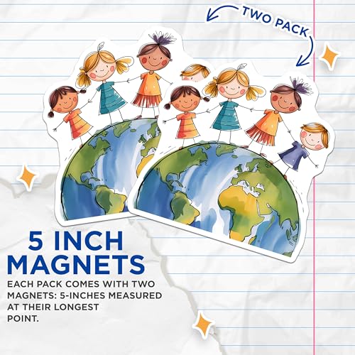 (2 Pack) Kids Holding Hands Magnets Magnets - Earth Globe - Children's Art - 5" On Longest Side - Made in USA - Sticks to Refrigerators & Metal Surfaces - MAG8441