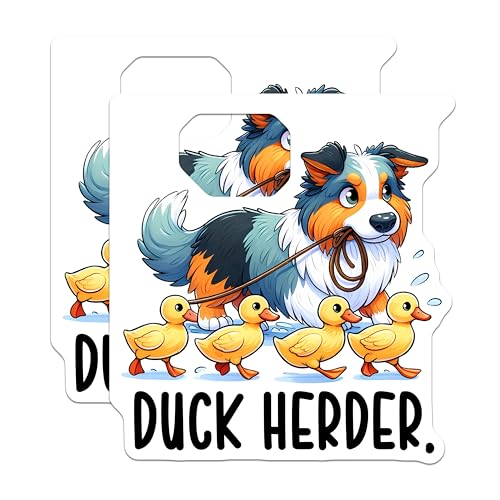 (2 Pack) Duck Herder Stickers - Cute Animal Stickers - Funny Dog Stickers - Cartoon Duck Stickers - Kids Stickers - 5" On Longest Side - Sticks to Smooth Flat Surfaces - Made in USA - BMCS3620