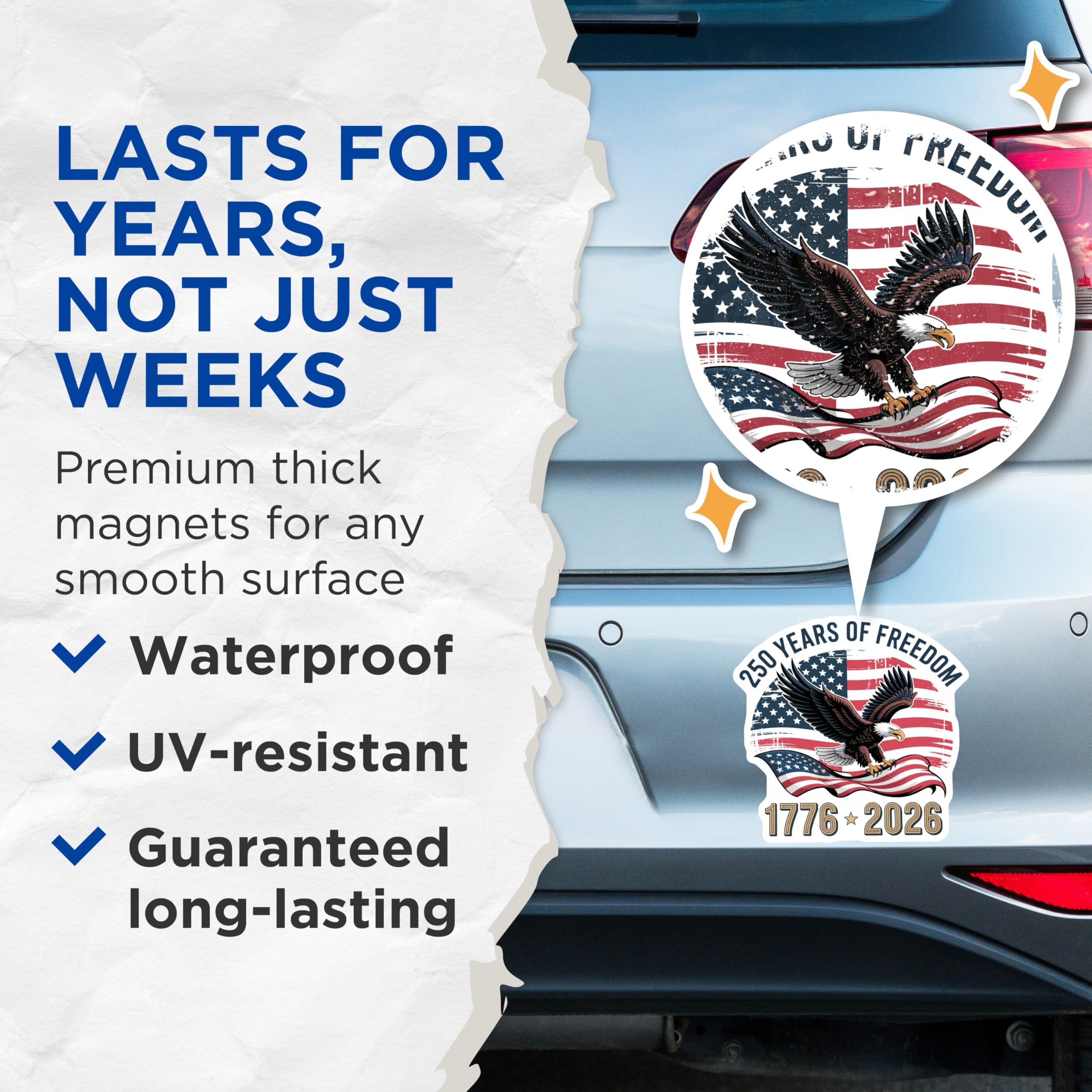 (2 Pack) 250 Years Freedom Magnets - American Eagle Flag - Patriotic USA Bicentennial Decor - 5 Inches On Longest Side - Thick Durable Magnet - Made in USA - MAG20761
