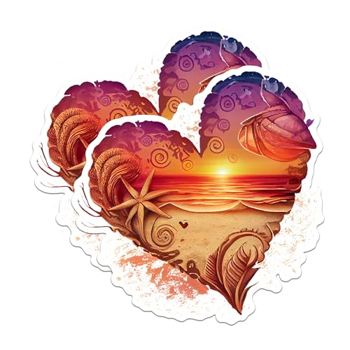 (2 Pack) Sunset Beach Stickers - Ocean Heart Stickers - Coastal Beach Themed Stickers for Laptops and Scrapbooks - 5" On Longest Side - Sticks to Any Smooth Flat Surface - Made in USA - BMCS2856