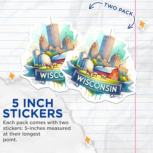 (2 Pack) Wisconsin Stickers - State Pride - Farm and Cityscape Art - 5" On Longest Side - Sticks to Smooth Flat Surfaces - Made in USA - BMCS6575