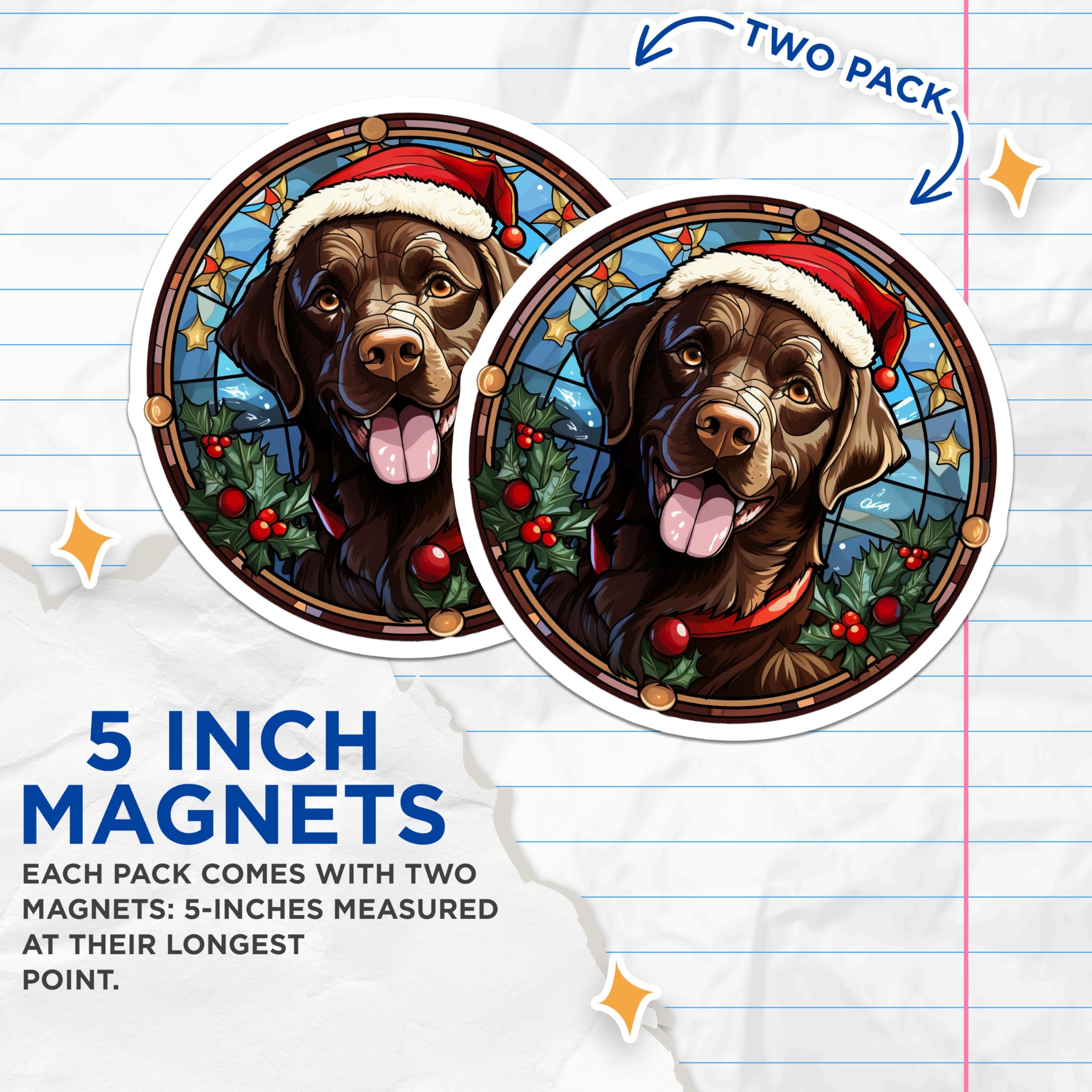 (2 Pack) Christmas Chocolate Lab Magnets - Stained Glass Labrador Art - Festive Dog Refrigerator Decor - 5 Inches On Longest Side - Thick Durable Magnet - Made in USA - MAG24979