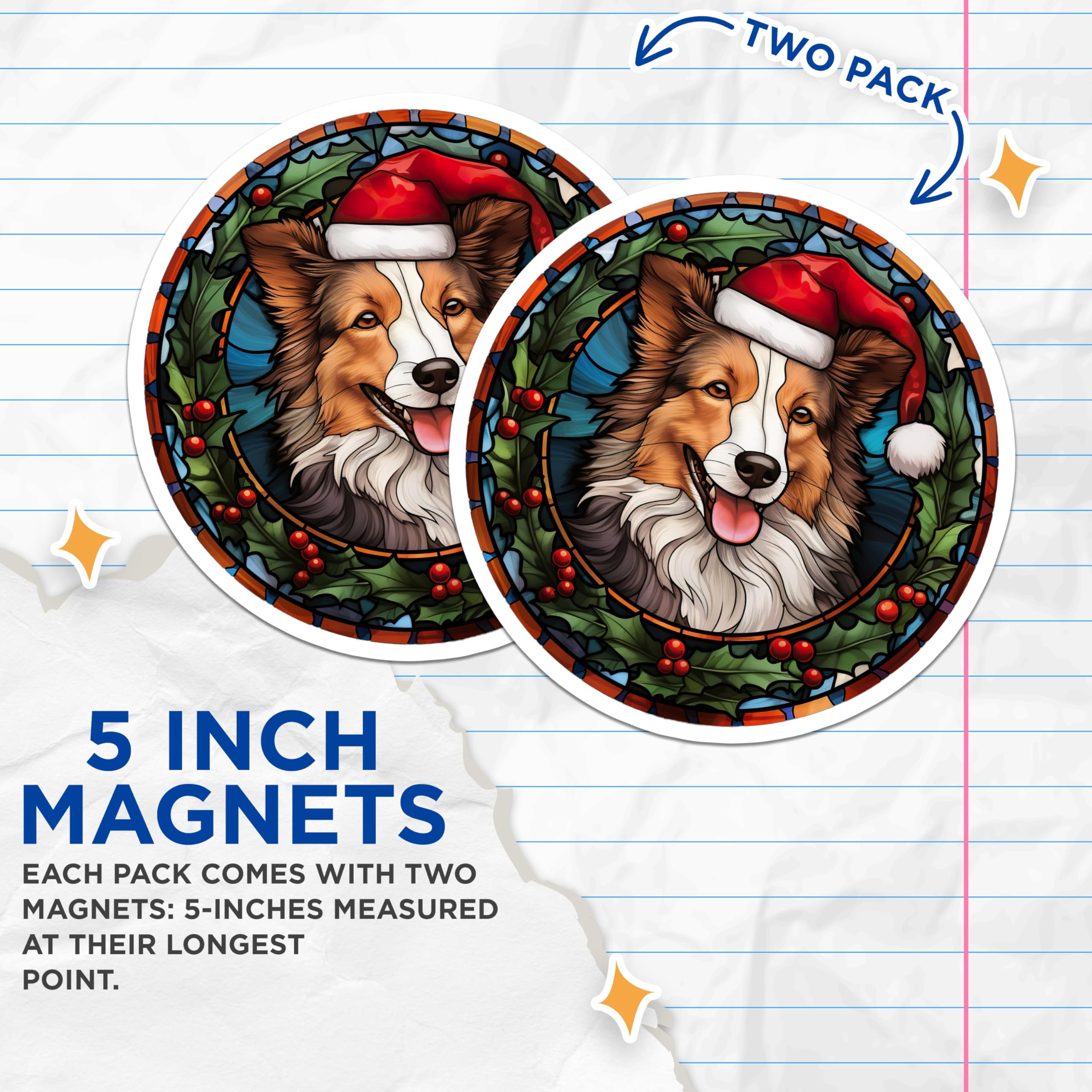 (2 Pack) Border Collie Christmas Magnets - Santa Hat Dog Art - Faux Stained Glass Decor - 5 Inches On Longest Side - Thick Durable Magnet - Made in USA - MAG26874