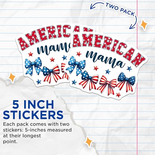 (2 Pack) American Mama Stickers - Patriotic Bows Decal - Fourth of July Decoration - 5" On Longest Side - Sticks to Smooth Flat Surfaces - Made in USA - BMCS7448
