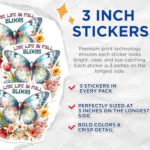 (3 Pack) Butterfly Decals - Floral Design Decals - Live Life in Full Bloom Laptop Decal - 3 Inches On Longest Side - Easy Peel & Apply - Made in USA - 3MCS0075