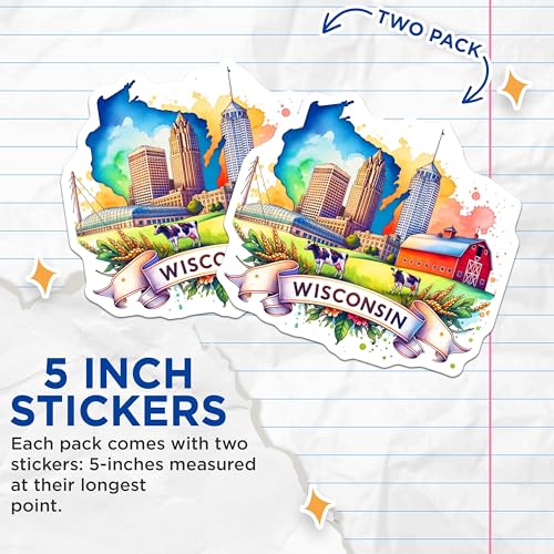 (2 Pack) Wisconsin State Stickers - Watercolor Cityscape - Farm Scene with Cows - Colorful Landmark Artwork - 5" On Longest Side - Sticks to Smooth Flat Surfaces - Made in USA - BMCS6485
