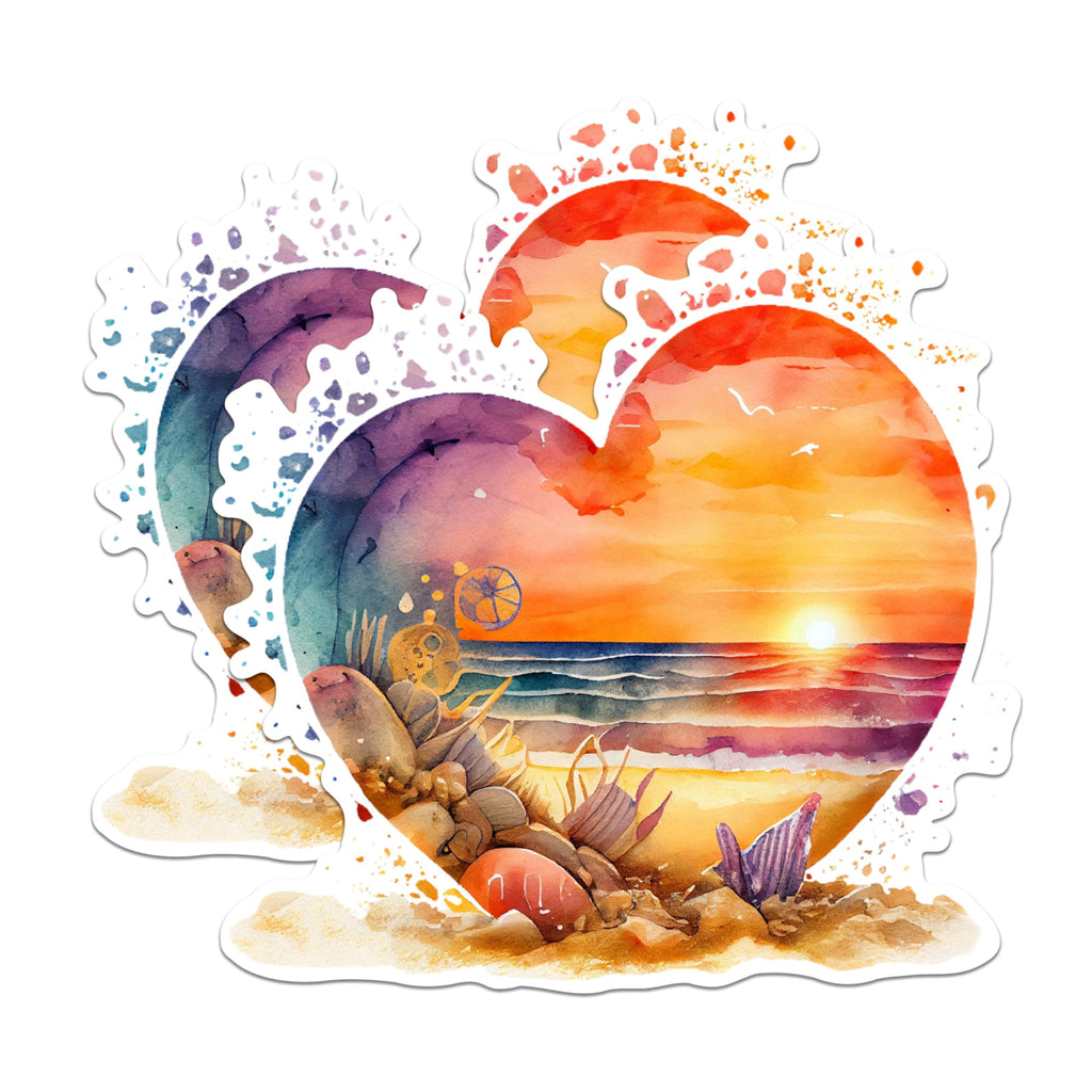 (2 Pack) Heart Sunset Beach Stickers - Scenic Ocean View Stickers - Nature Lover Stickers - 5" On Longest Side - Sticks to Any Smooth Flat Surface - Made in USA - BMCS2853