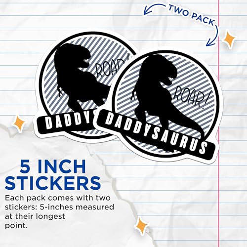 (2 Pack) Daddysaurus Stickers - Roar Dinosaur - Dad Dinosaur Design Stickers - Fun Dad Stickers for Father's Day - 5" On Longest Side - Sticks to Any Smooth Flat Surface - Made in USA - BMCS3414