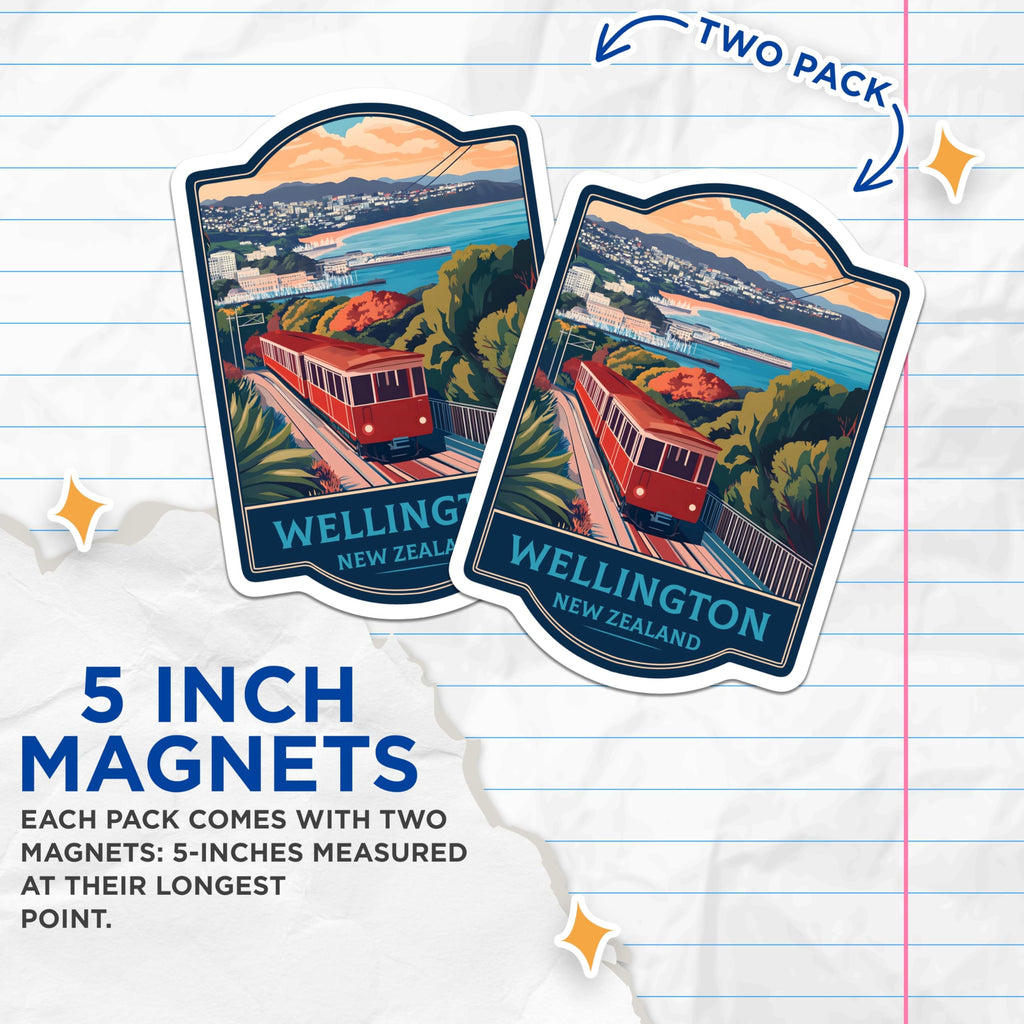 (2 Pack) Wellington Cable Car Magnets - New Zealand Travel Poster - Vintage City Scenic Souvenirs - 5 Inches On Longest Side - Thick Durable Magnet - Made in USA - MAG20972