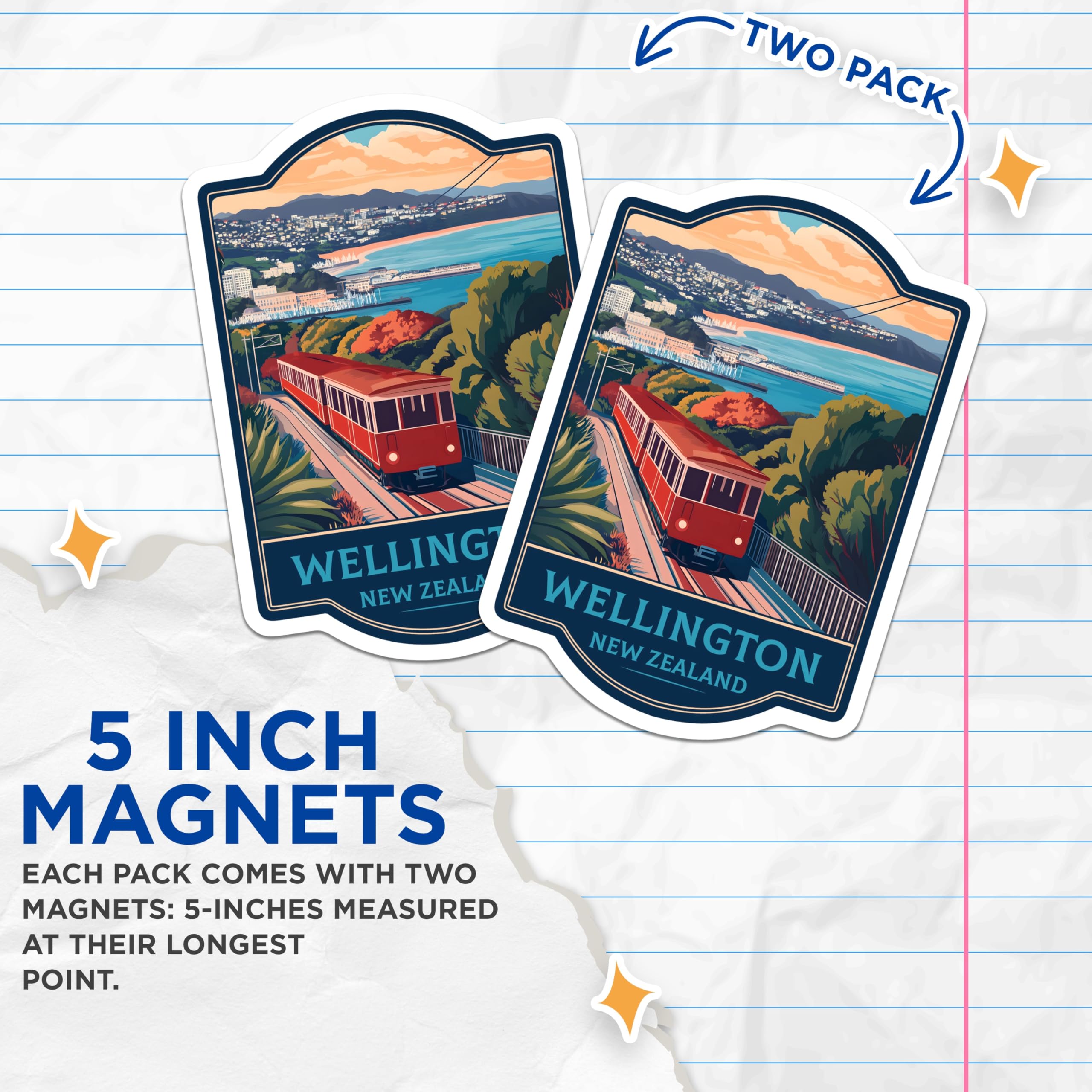 (2 Pack) Wellington Cable Car Magnets - New Zealand Travel Poster - Vintage City Scenic Souvenirs - 5 Inches On Longest Side - Thick Durable Magnet - Made in USA - MAG20972