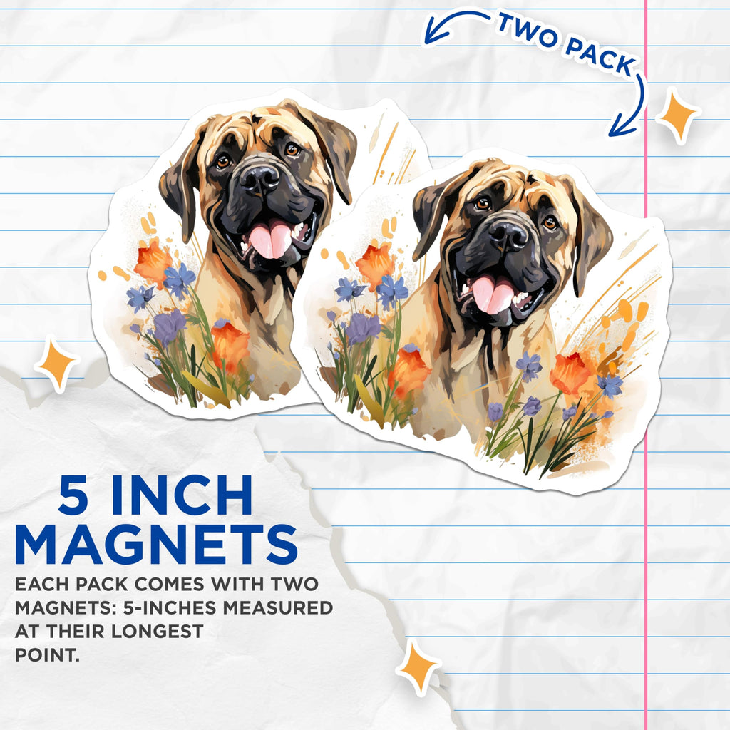 (2 Pack) Mastiff Magnets - Happy Dog Art - Dog Lover Kitchen Decor - 5 Inches On Longest Side - Thick Durable Magnet - Made in USA - MAG26731