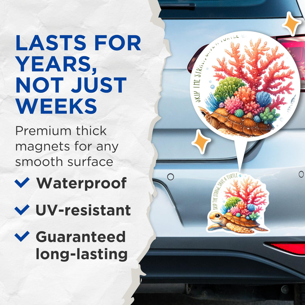 (2 Pack) Save a Turtle Magnets - Skip The Straw - Ocean Conservation - Marine Animal Art - 5" On Longest Side - for Cars, Fridges, Toolboxes - Made in USA - MAG7964