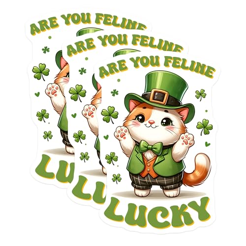 (3 Pack) St Patricks Day Cat Decals - Lucky Feline Stickers - Irish Cat Leprechaun Decals - 3 Inches On Longest Side - Easy Peel & Apply - Made in USA - 3MCS6872