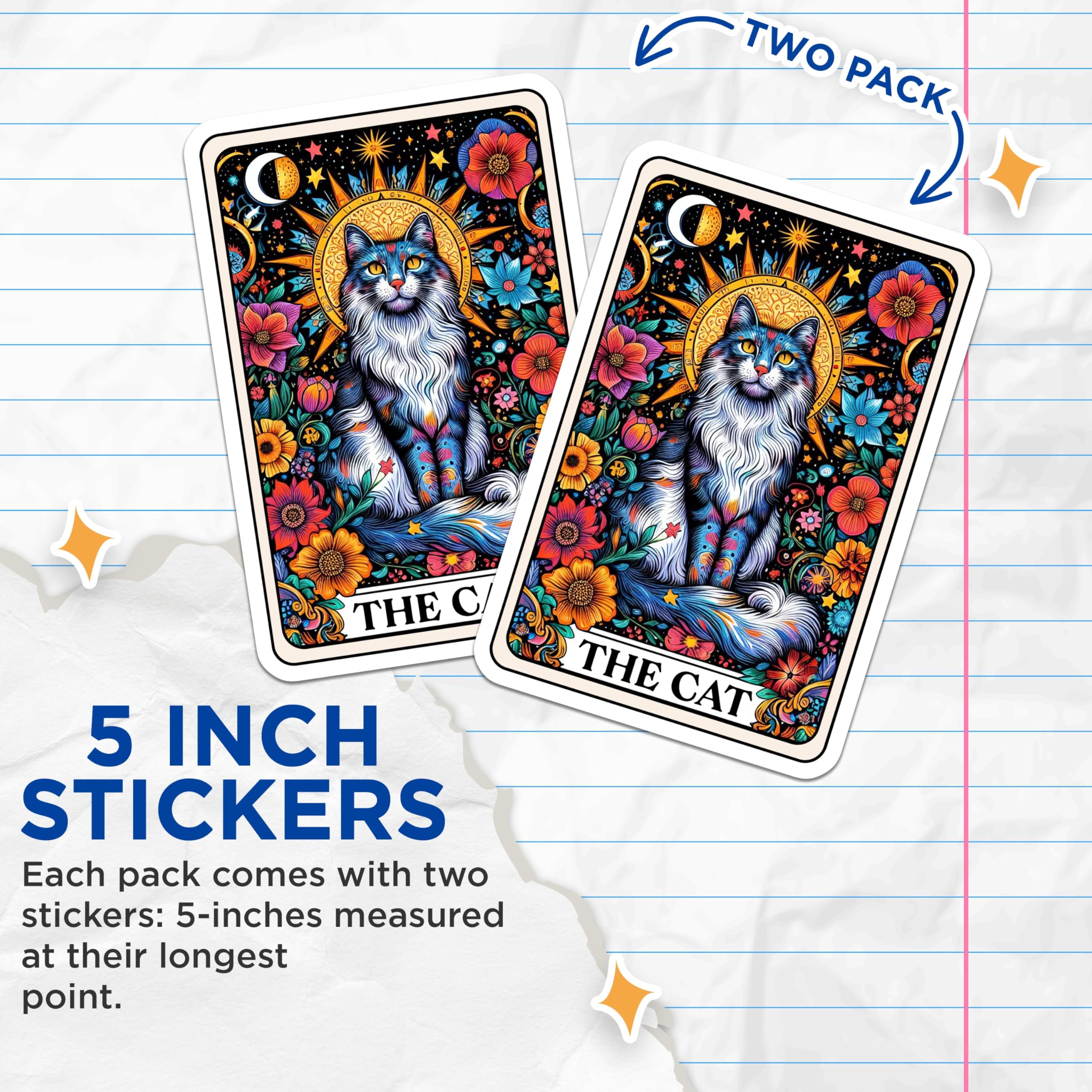 (2 Pack) Cat Tarot Card Stickers - Boho Cat Stickers - Mystical Animal Stickers - 5" On Longest Side - Sticks to Smooth Flat Surfaces - Made in USA - BMCS4448