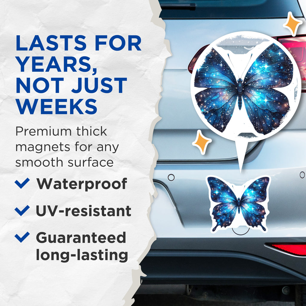 (2 Pack) Cosmic Butterfly Magnets - Galaxy Moth Decor - Celestial Fridge Art - 5 Inches On Longest Side - Thick Durable Magnet - Made in USA - MAG38432