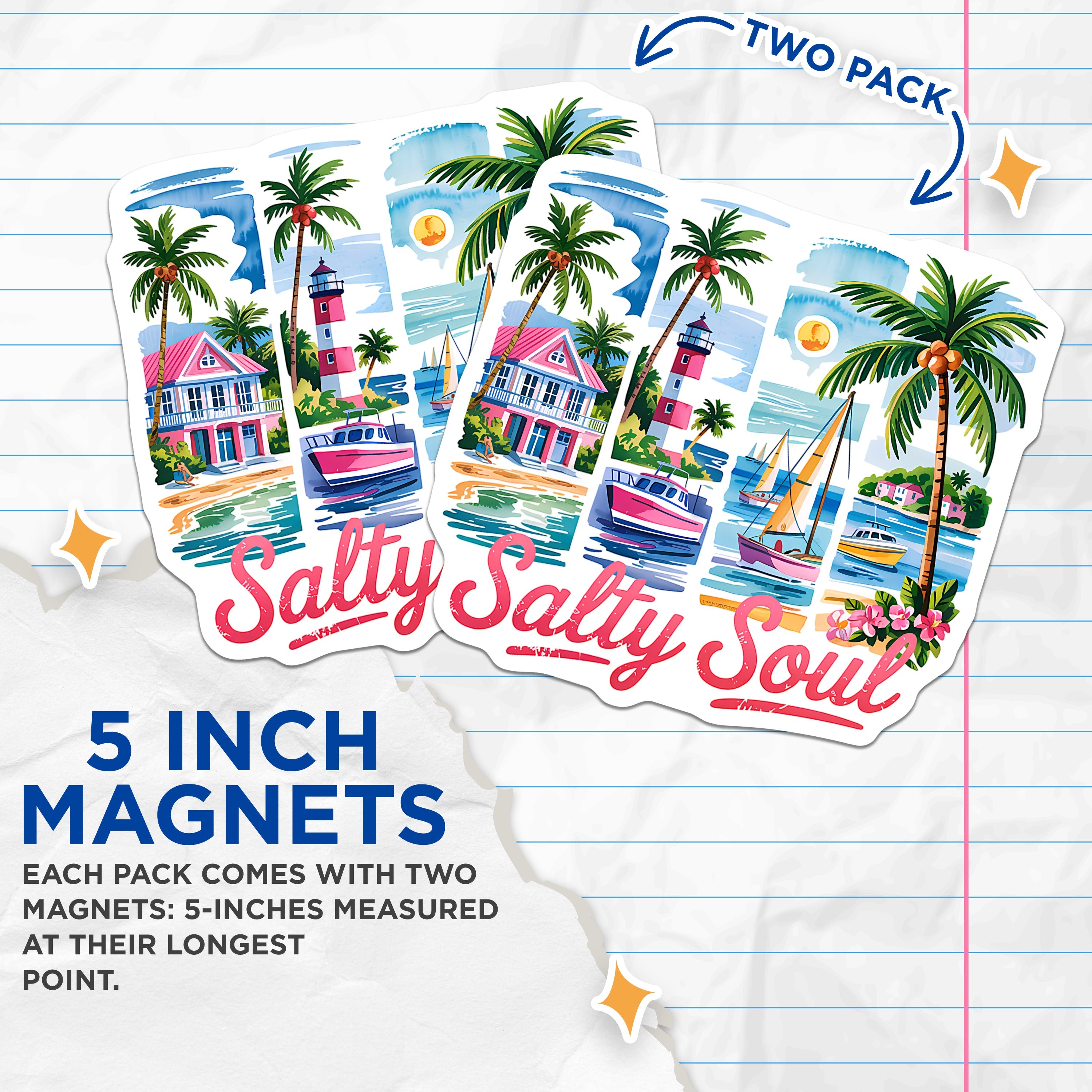 (2 Pack) Salty Soul Magnets - Coastal Beach Decor - Tropical Ocean Art - Summer Vacation Vibe - 5 Inches On Longest Side - Thick Durable Magnet - Made in USA - MAG38831